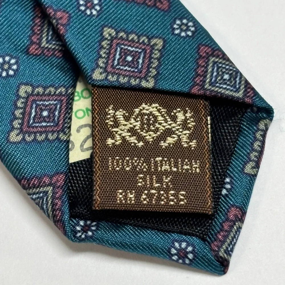 Vtg Treborr's Silk Necktie Mens OS Teal Geometric‎ Medallion Italian Silk Formal